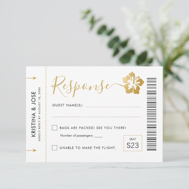 Hawaii Wedding Boarding Pass Ticket Zielort RSVP Karte (Stehend Vorderseite)