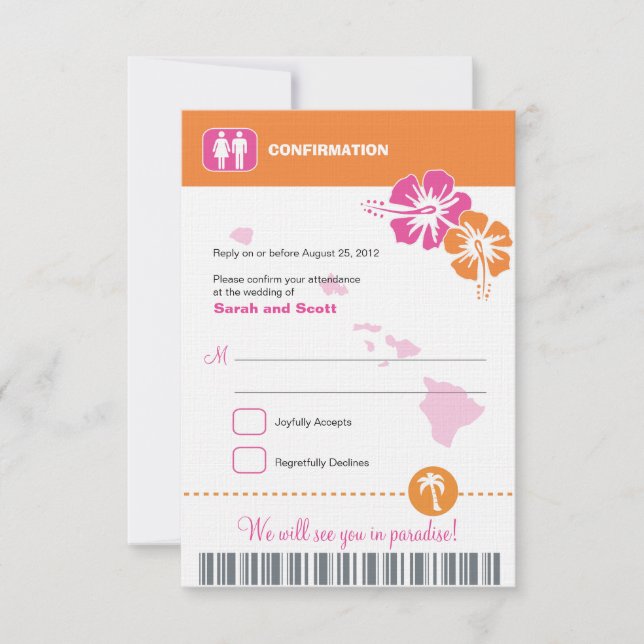 Hawaii Wedding RSVP Confirmation Boarding Pass Karte (Vorderseite)