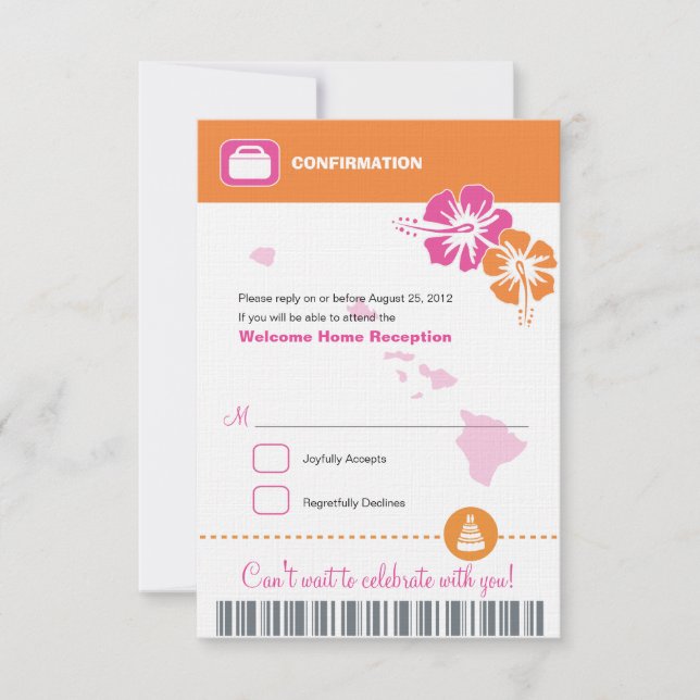 Hawaii Wedding RSVP Confirmation Boarding Pass Karte (Vorderseite)