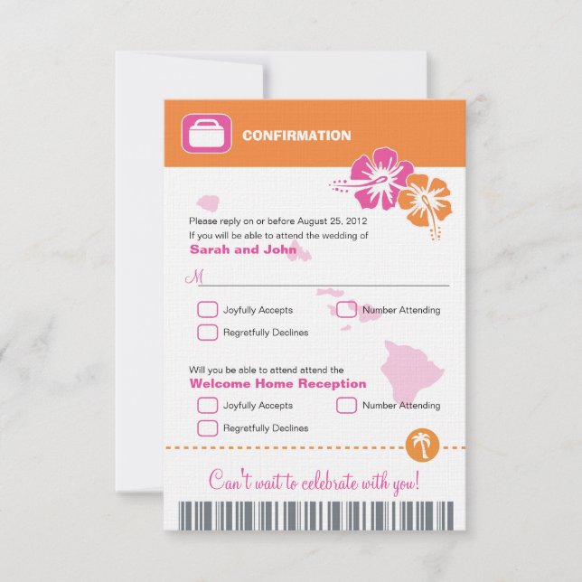 Hawaii Wedding RSVP Confirmation Boarding Pass Karte (Vorderseite)