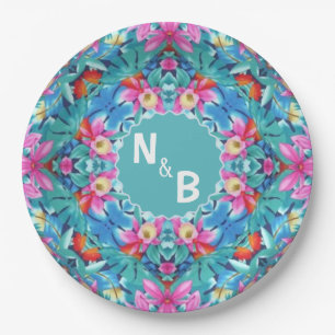 Hawaiian Abstrakt Monogram Couple Classic Round Pappteller