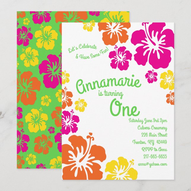 Hawaiian Aloha 1. Geburtstag Niedliche Einladungen (Vorne/Hinten)