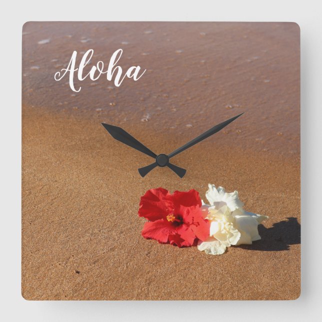 Hawaiian Beach Hibiscus Wall Clock Quadratische Wanduhr (Vorderseite)