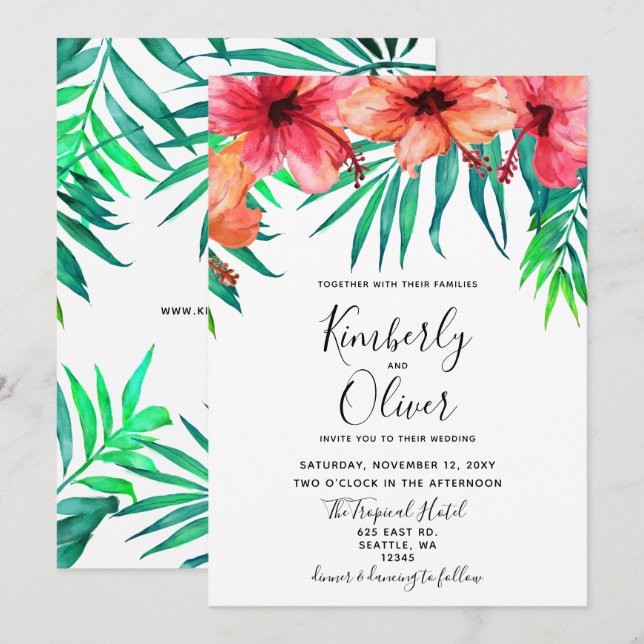 Hawaiian Beach Hochzeit im tropischen Hibiskus Einladung (Vorne/Hinten)