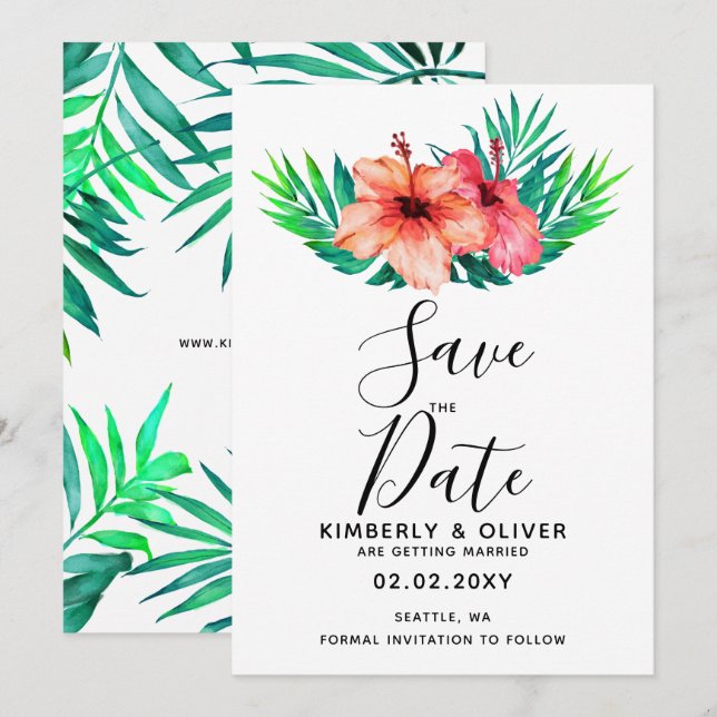 Hawaiian Beach Hochzeit im tropischen Hibiskus Einladung (Vorne/Hinten)