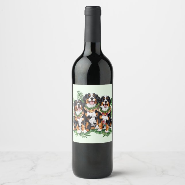 Hawaiian Bernese Mountain Dogs Flower Lei Weinetikett (Vorderseite)