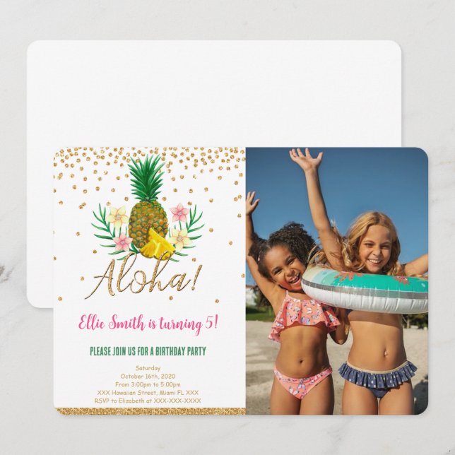 Hawaiian Birthday Kids Foto Einladung (Vorne/Hinten)