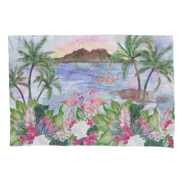 Hawaiian Bliss: tropisches Wasserfarbenmuster Kissenbezug (Vorderseite)