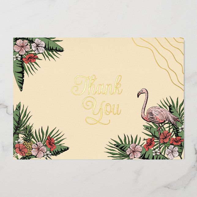 Hawaiian Flamingo & Hibiskus Yellow Gold Vielen Da Folieneinladung (Vorderseite)