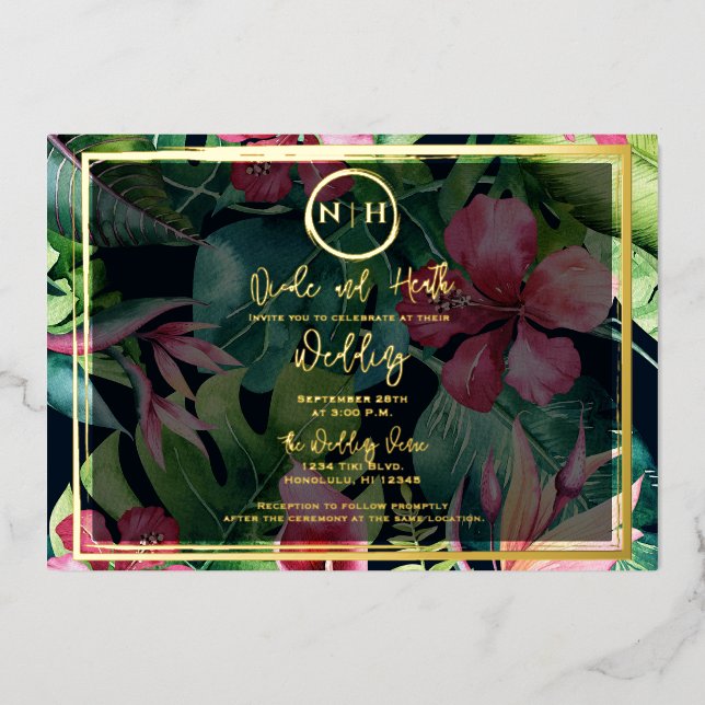 Hawaiian Floral Greenerity Paradise Gold Wedding Folieneinladung (Vorderseite)