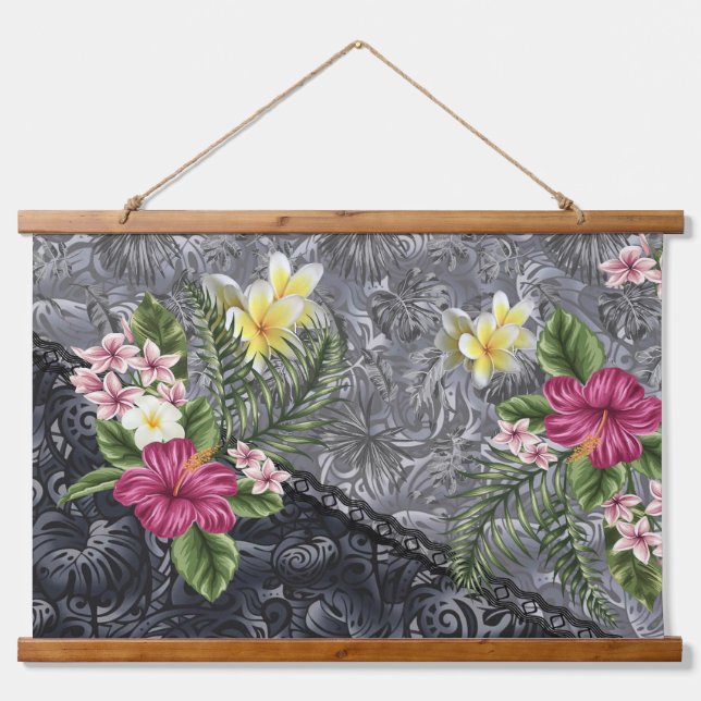 Hawaiian Floral Tapa Fusion Wandteppich Mit Holzrahmen (Vorne)