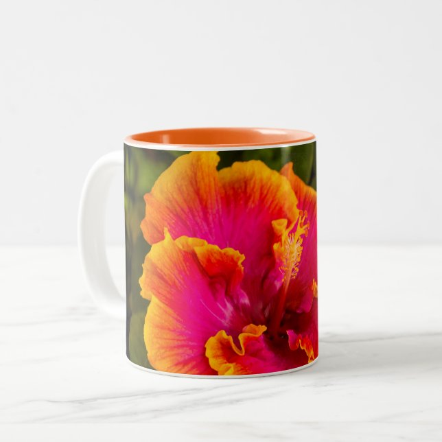 Hawaiian Fuchsia und Orange Hibiskus aus Kauai Zweifarbige Tasse (Vorderseite Links)
