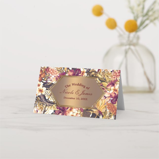 Hawaiian Golden Tropics Eleganter Hochzeitstisch Platzkarte (Vorderseite)