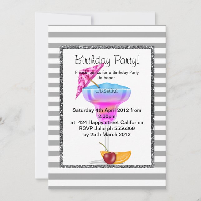 HAWAIIAN GRAY STRIPE COCKTAIL BIRTHDAY EINLADUNG (Vorderseite)