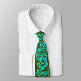 Hawaiian Hibiskus & Tiki "Live Pono" Retro Green Krawatte