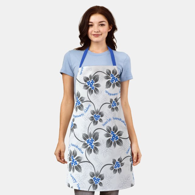 Hawaiian Holly Hanukkah Glittery Blue Floral Schürze (Getragen)