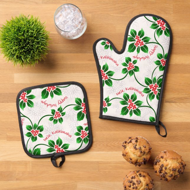 Hawaiian Holly Mele Kalikimaka Christmas Red Ofenhandschuh & Topflappen-Set (Oben Unten)