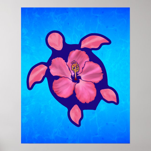 Hawaiian Honu Turtle und Hibiskus Poster (Vorne)