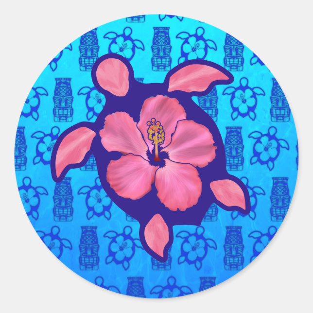 Hawaiian Honu Turtle und Hibiskus Runder Aufkleber (Vorderseite)