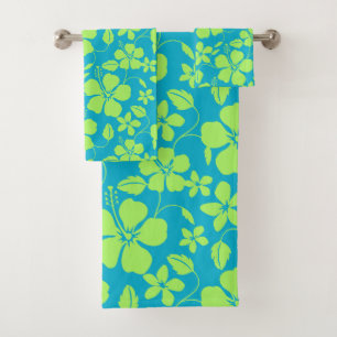 HAWAIIAN HULA (HIBISCUS) TEAL LIME BADHANDTUCH SET