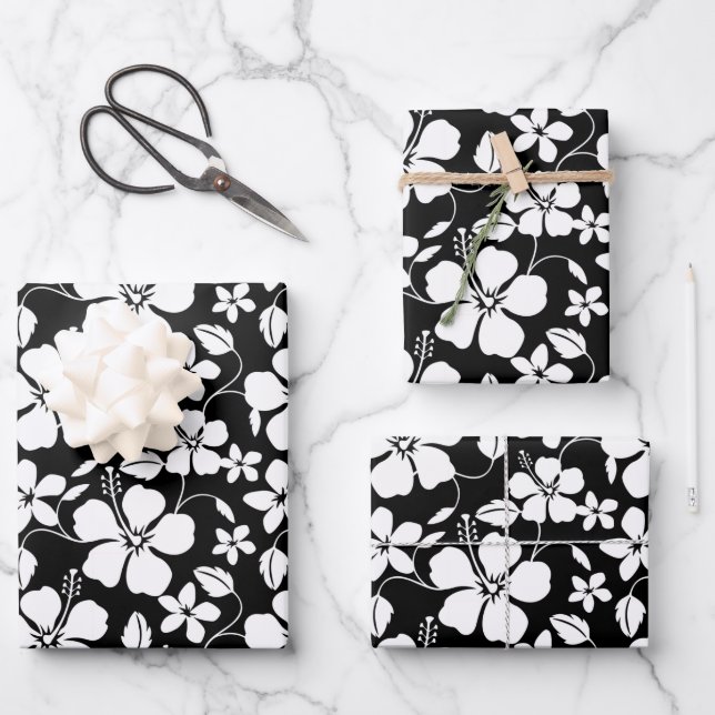 HAWAIIAN HULA (HIBISKUS) SCHWARZ GESCHENKPAPIER SET (Vorderseite)