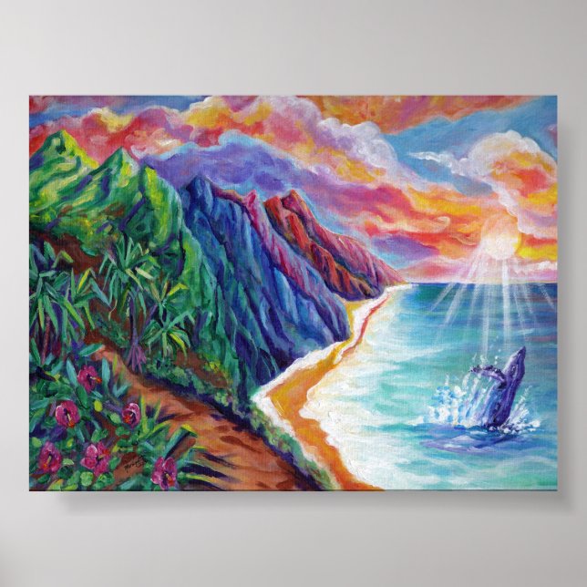 Hawaiian Humpback Whale Breaching at Sunset Poster (Vorne)