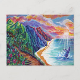 Hawaiian Humpback Whale Breaching at Sunset Postkarte