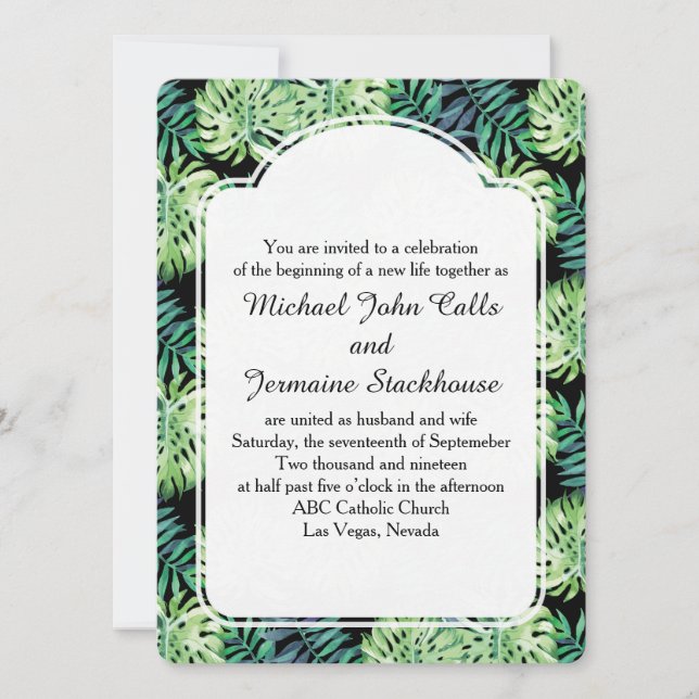 Hawaiian Island Beach Wedding Monsterra Deliciosa Einladung (Vorderseite)