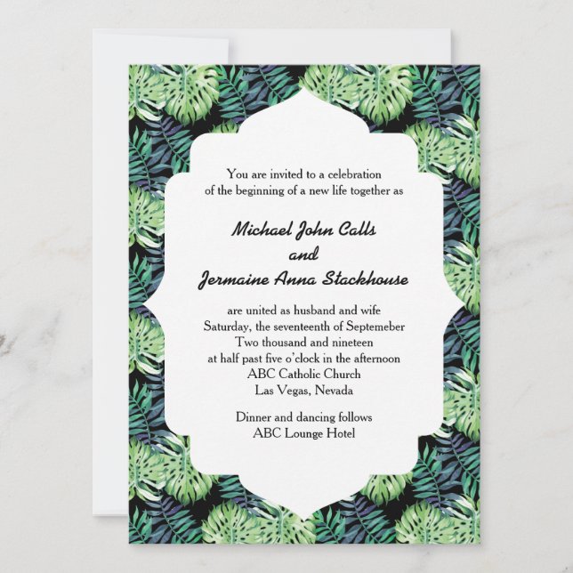 Hawaiian Island Beach Wedding Monsterra Deliciosa Einladung (Vorderseite)