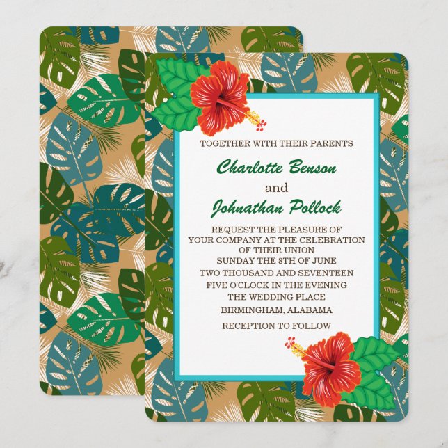Hawaiian Jungle Foliage Hibiskus Blume Hochzeit Einladung (Vorne/Hinten)