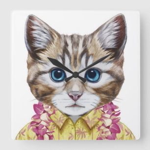Hawaiian Kitty Cat Quadratische Wanduhr