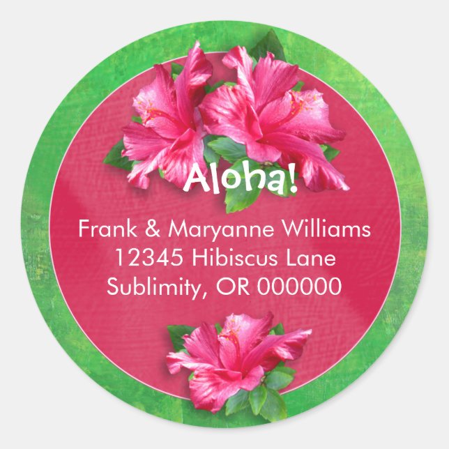 Hawaiian Luau Adressenmarken mit rosa Hibiskus Runder Aufkleber (Vorderseite)