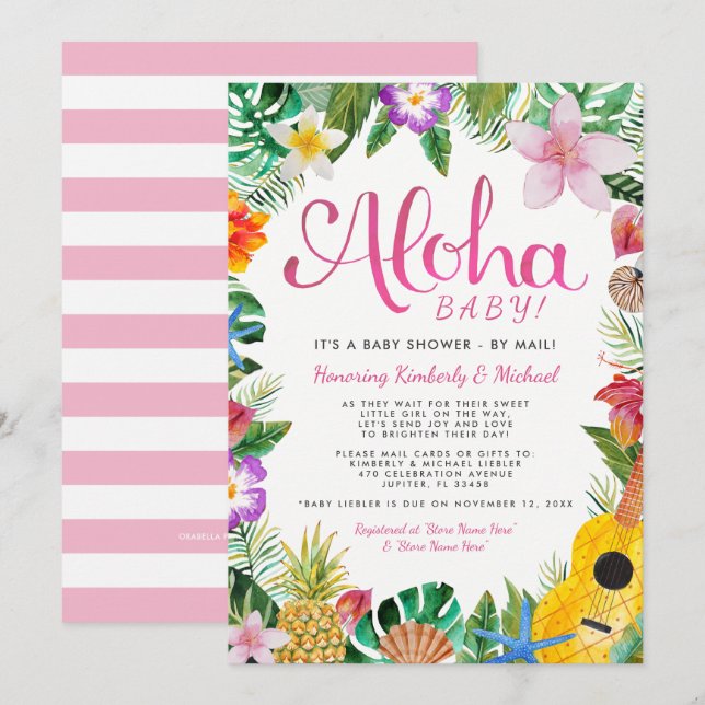 Hawaiian Luau Baby Shooter by Mail| Rosa Einladung (Vorne/Hinten)