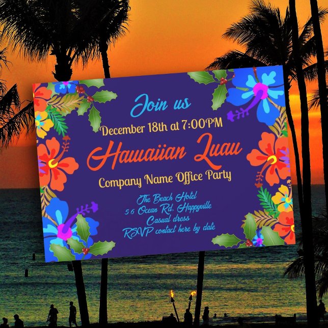 Hawaiian Luau Holiday Party Hibisken in Holly Einladung (Von Creator hochgeladen)