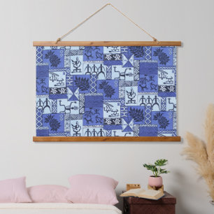 Hawaiian Paddleman Tapa in Blue Wandteppich Mit Holzrahmen