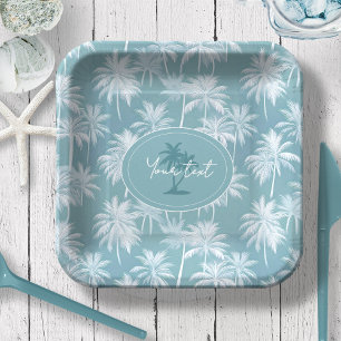 Hawaiian Palm Tree Silhouette Muster Aquamarin ID1 Pappteller