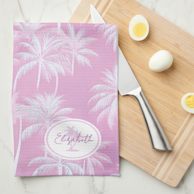 Hawaiian Palm Tree Silhouette Muster Plum ID1093 Geschirrtuch (Viertel Falte)