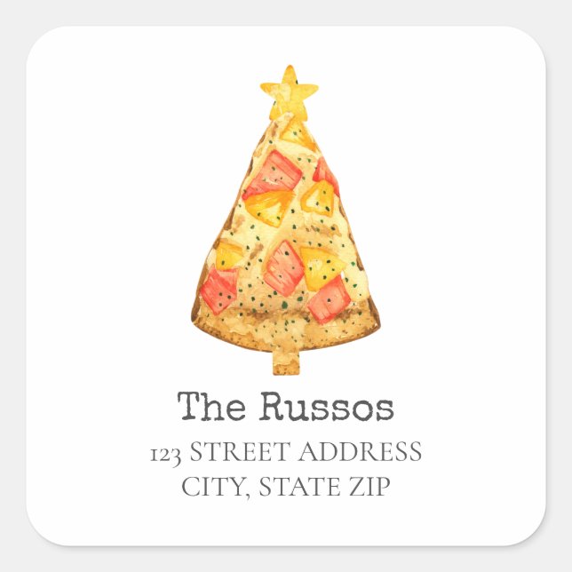 Hawaiian Pizza Slice Weihnachtsbaumadresse Quadratischer Aufkleber (Vorderseite)