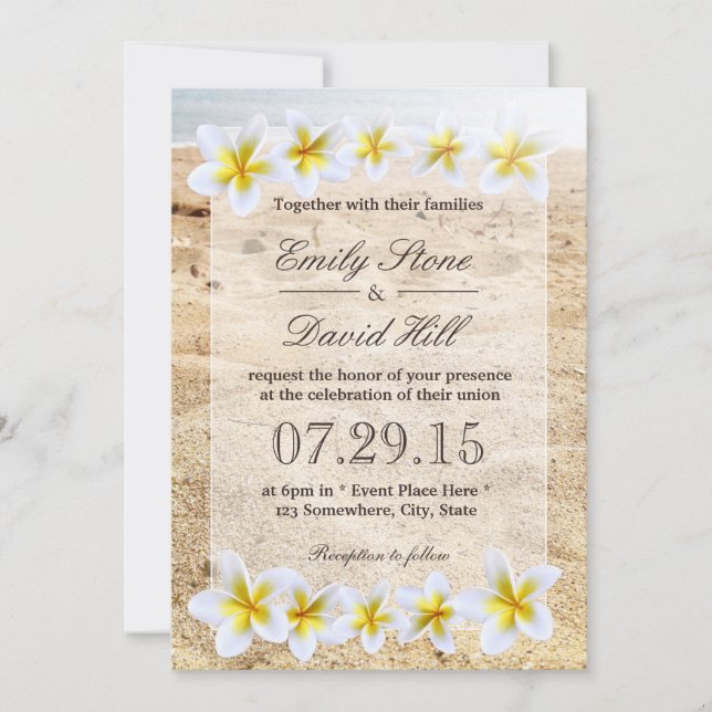 Hawaiian Plumeria Blume Beach Theme Wedding Einladung (Vorderseite)