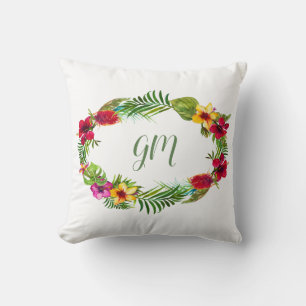 Hawaiian Radiant Tropical Floral Wreath Monogram Kissen