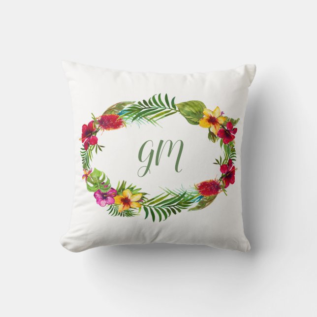 Hawaiian Radiant Tropical Floral Wreath Monogram Kissen (Vorderseite)