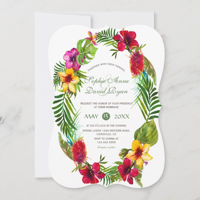 Hawaiian Radiant Tropical Floral Wreath Wedding Einladung (Vorderseite)