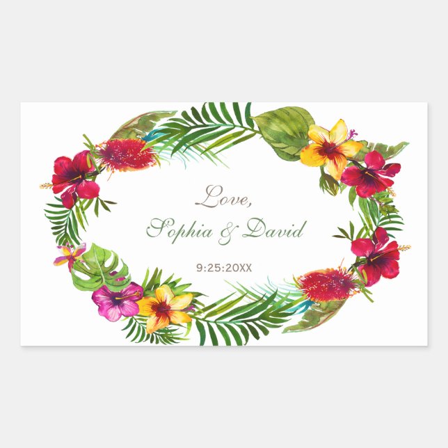 Hawaiian Radiant Tropical Floral Wreath Wedding Rechteckiger Aufkleber (Vorderseite)