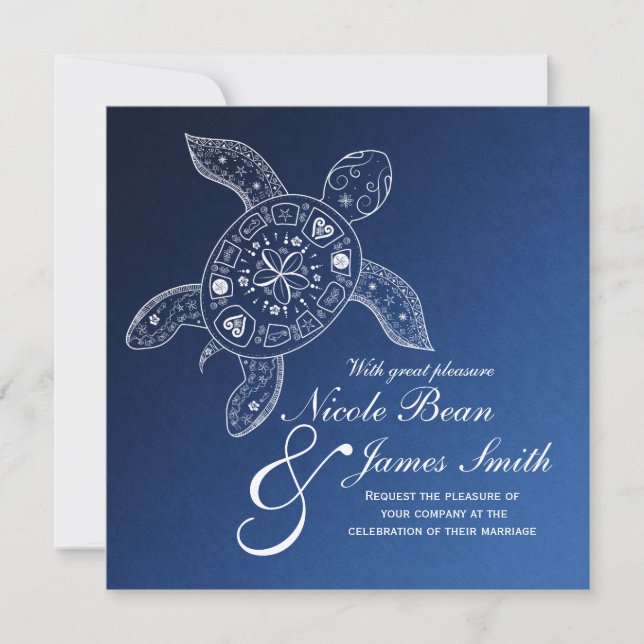 Hawaiian Sea Turtle White auf Blue Beach Wedding Einladung (Vorderseite)