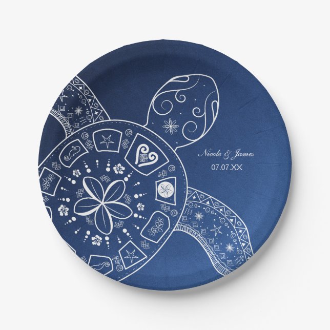 Hawaiian Sea Turtle White auf Blue Beach Wedding Pappteller (Vorderseite)