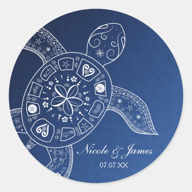 Hawaiian Sea Turtle White auf Blue Beach Wedding Runder Aufkleber (Vorderseite)