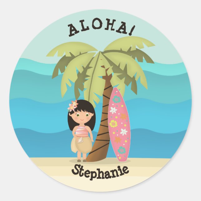 Hawaiian Surfer Girl Runder Aufkleber (Vorderseite)