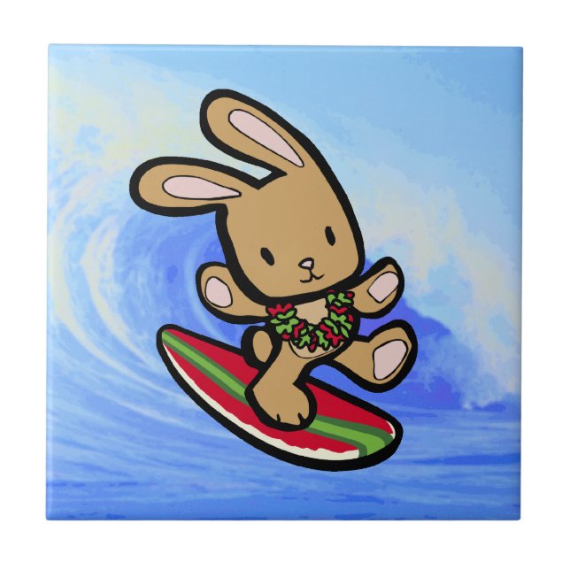 Hawaiian Surfing Bunny Holiday Cartoon Fliese (Vorderseite)