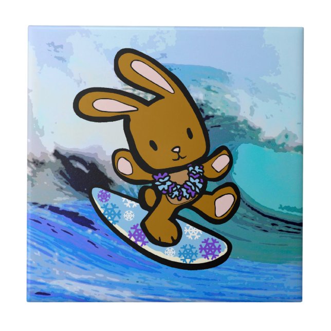 Hawaiian Surfing Bunny Holiday Cartoon Fliese (Vorderseite)