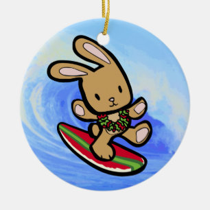 Hawaiian Surfing Bunny Holiday Cartoon Keramik Ornament
